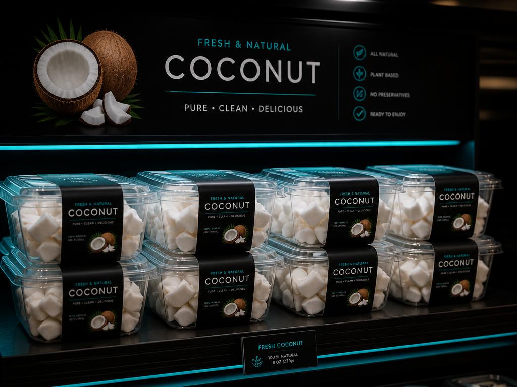 Noce di cocco decorticata esposta in confezioni retail su scaffale scuro