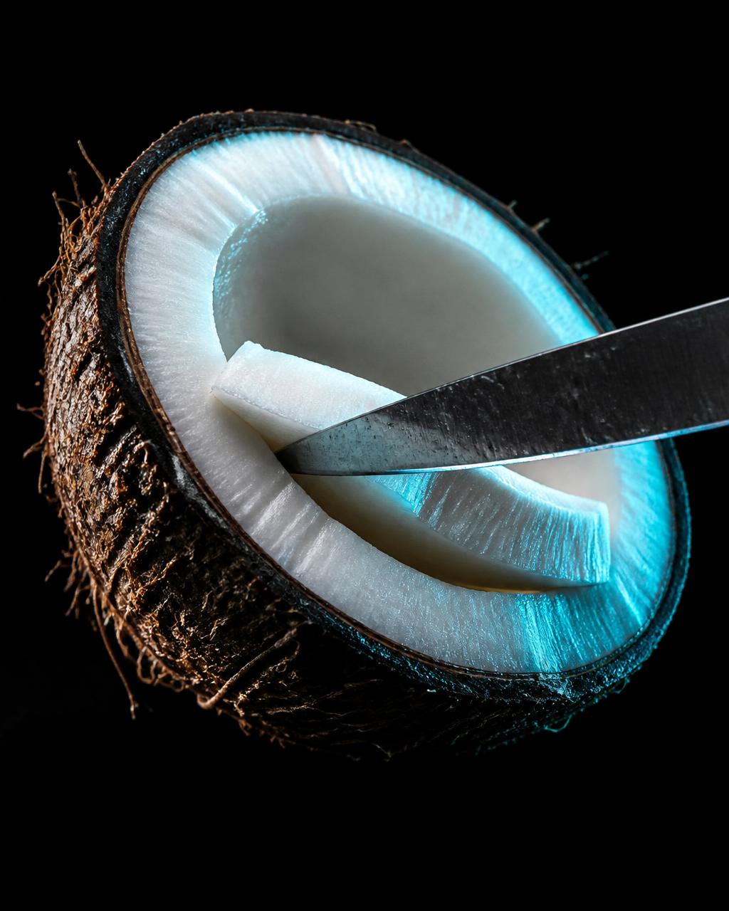 Noce di cocco decorticata tagliata con un coltello su sfondo scuro